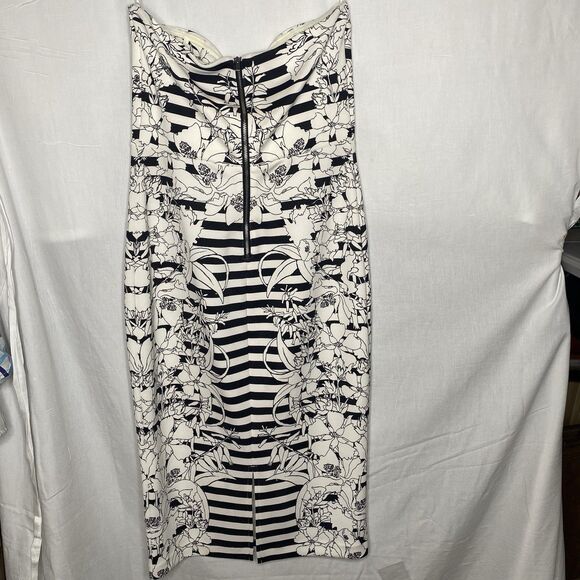 NWT EXPRESS Strapless Dress Pencil Stripe Floral Zip Stretch Women 8 Black White - Picture 2 of 14